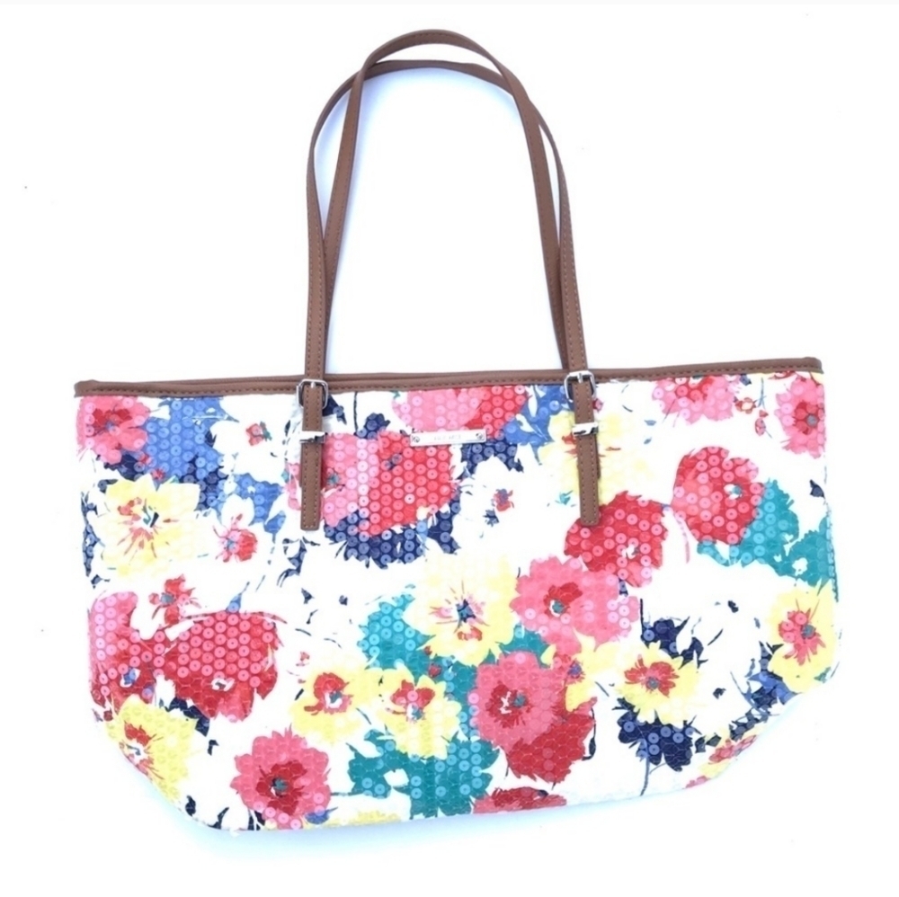 Nine West 3-section shoulder bag clear sequin floral zip top purse multicolor